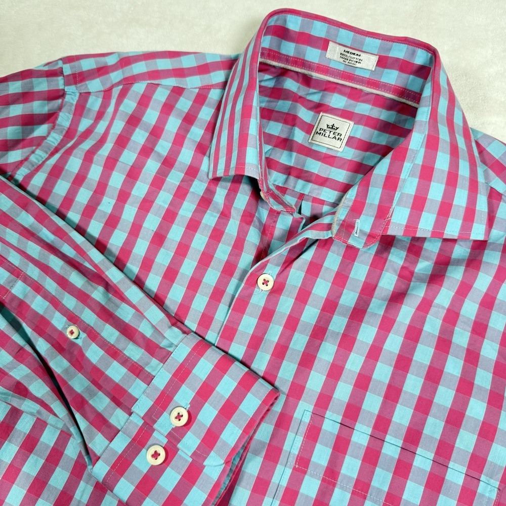 Peter Millar Long Sleeve Gingham Plaid Button Shirt Mens Medium Cotton Blue Pink